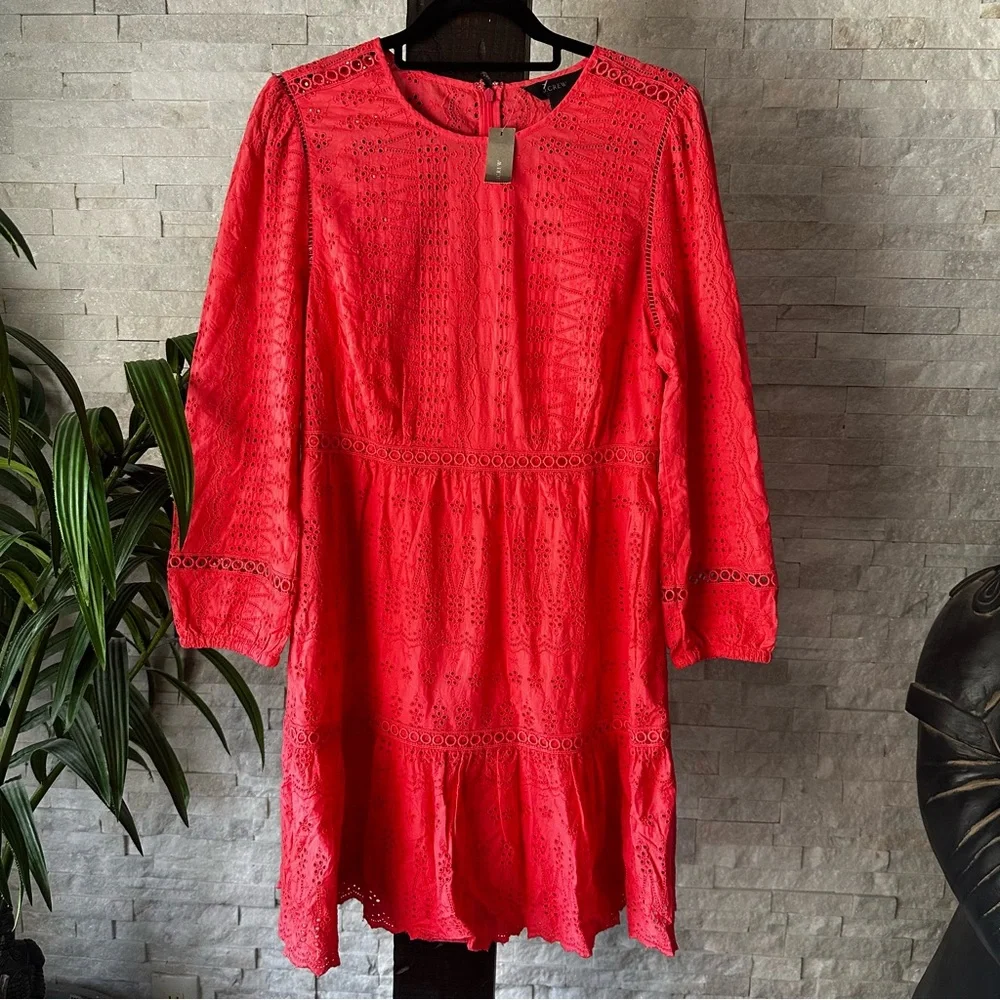 J. CREW Coral Orange Pink Eyelet Flutter Sleeve Boho Dress Size S New with Tags